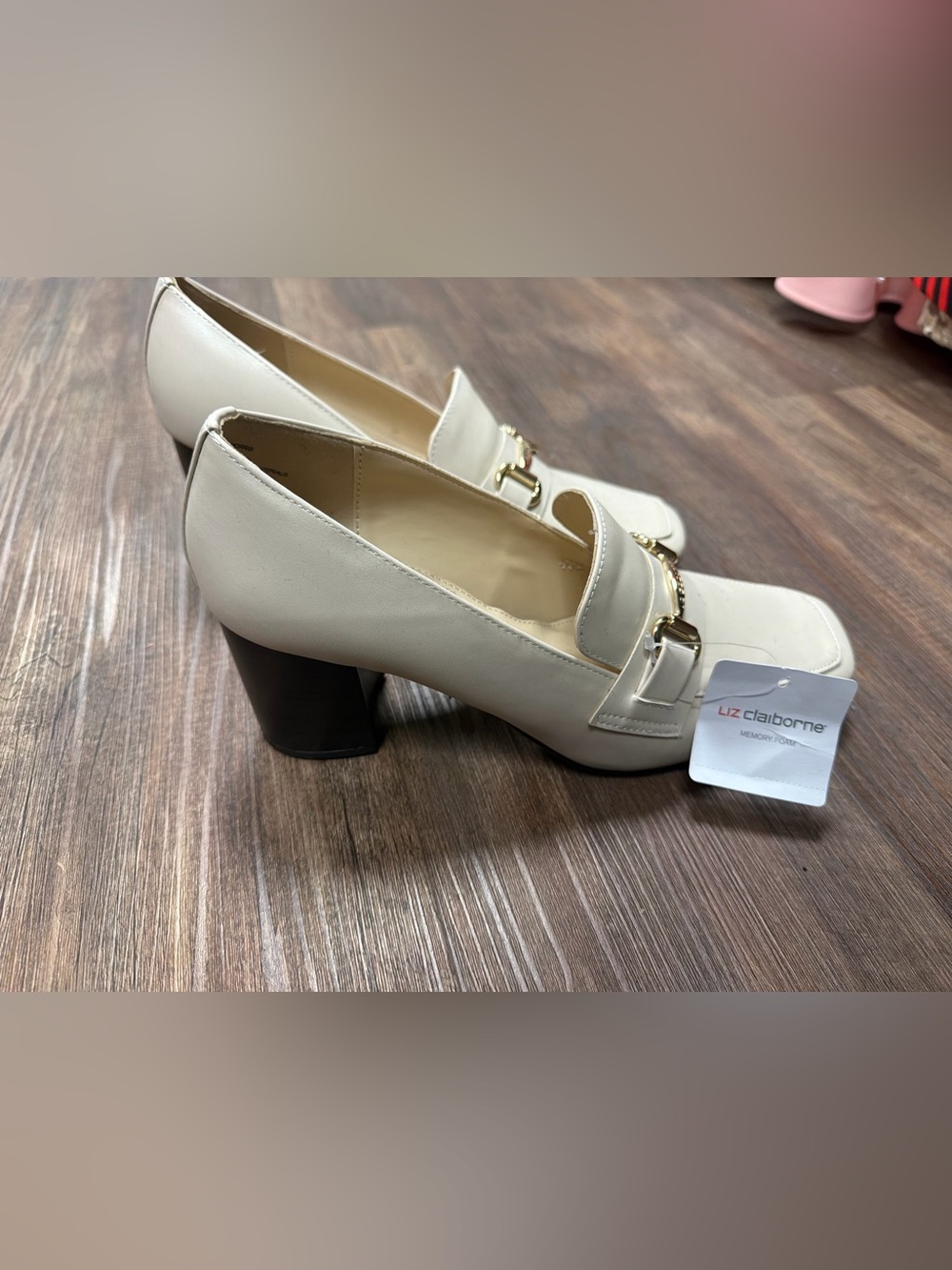 Liz Claiborne Cream Heeled Loafers with Gold Buckle